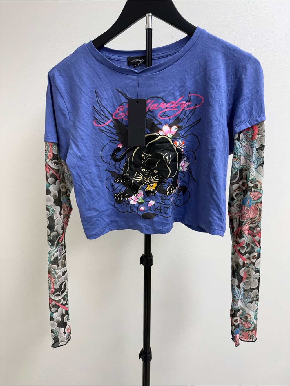 Y2K Ed Hardy Blue Crop Long-Sleeve Top with sheer sleeves